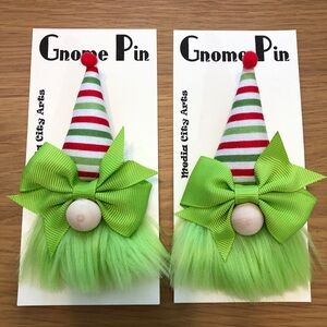 Red Grinch Gnome Pin Brooch Handmade Gift Guide Bow Magnetic Striped Christmas